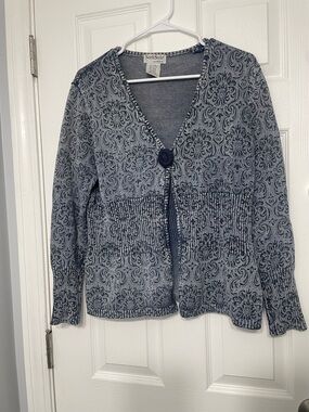 NorthStyle Women's Blue Patterned Knit Sweater Cardigan ramie & cotton